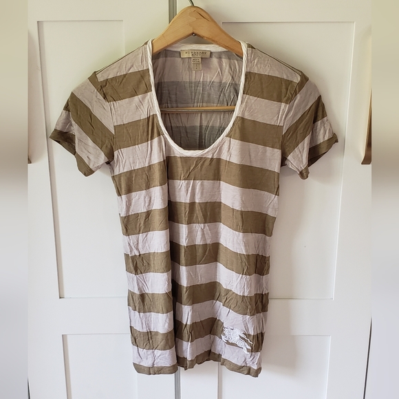 Burberry Brit Striped Tee Womens S Khaki Beige Scoop Neck Logo Y2K Preppy Baby T - Picture 1 of 8